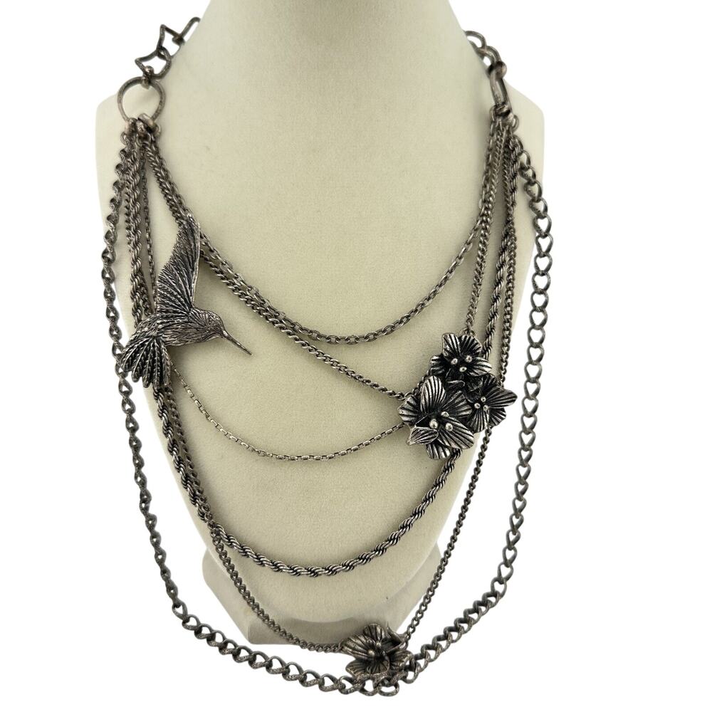 Hummingbird Flower Festoon Multichain Layered Look 17” Silver Tone Necklace